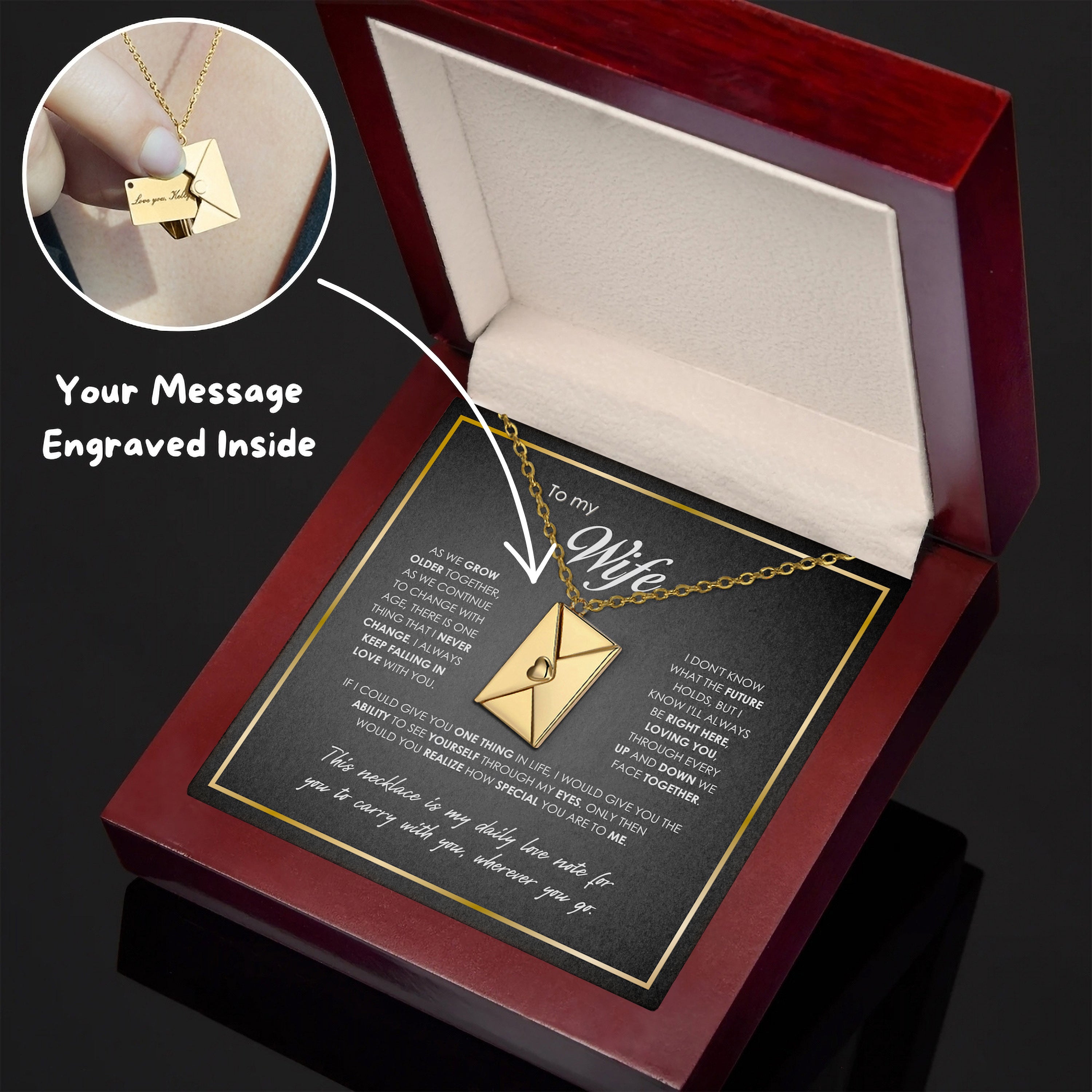 Collar grabado "Secret Love Note" en una lujosa caja LED