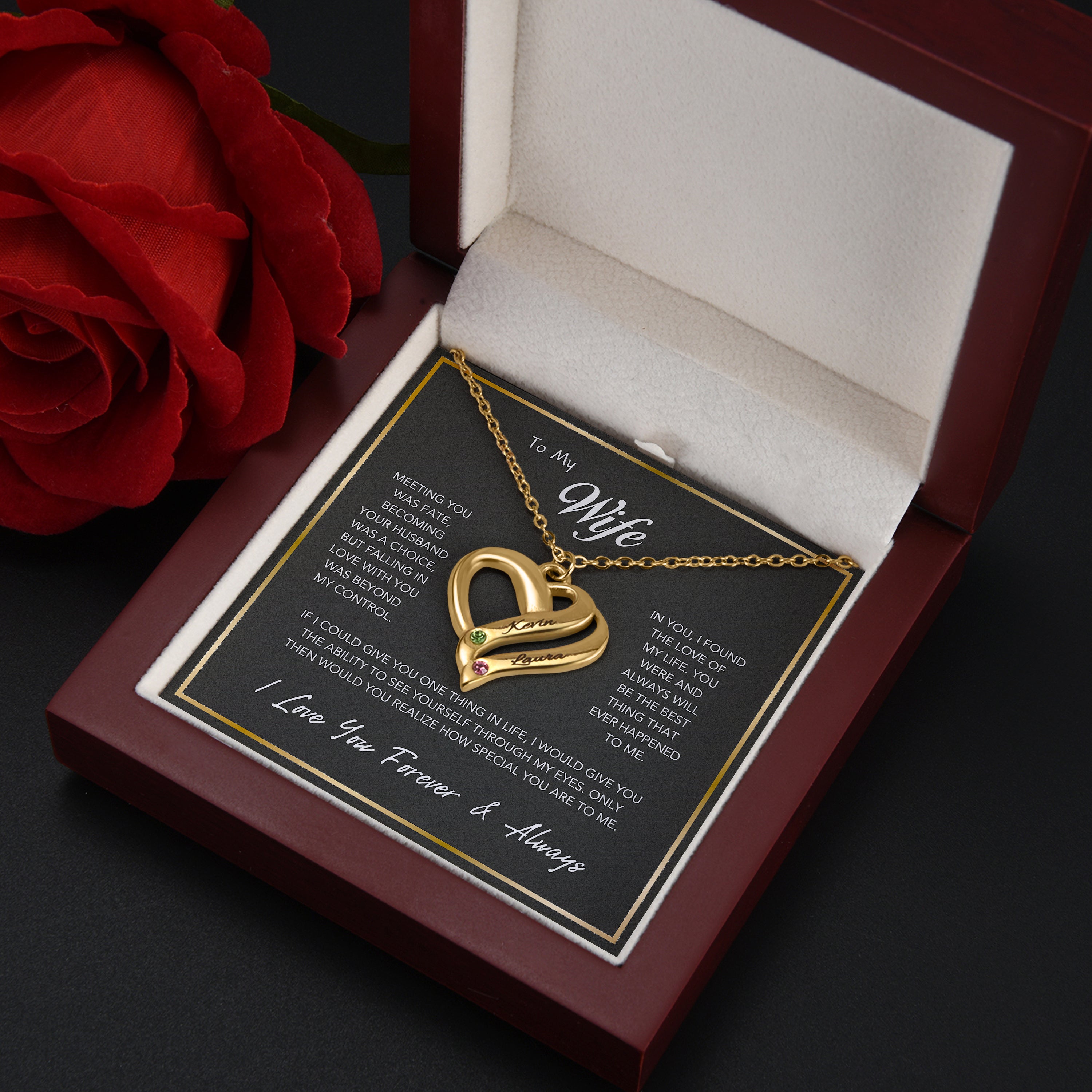 Conjunto de regalo de lujo con collar de corazón con nombres y piedras de nacimiento personalizados