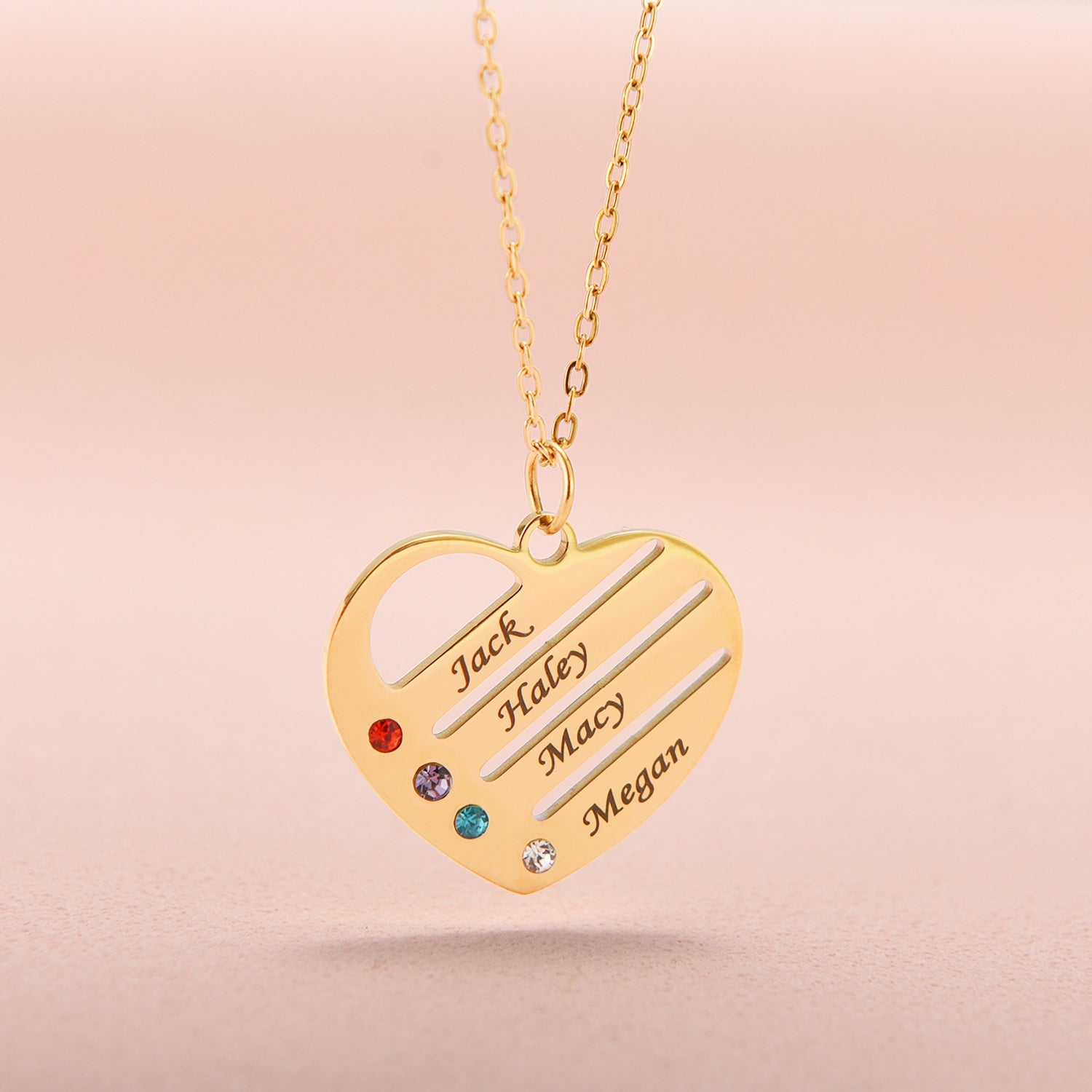 "Corazón de la familia": collar personalizado con nombre y piedra de nacimiento en caja de caoba con luces LED