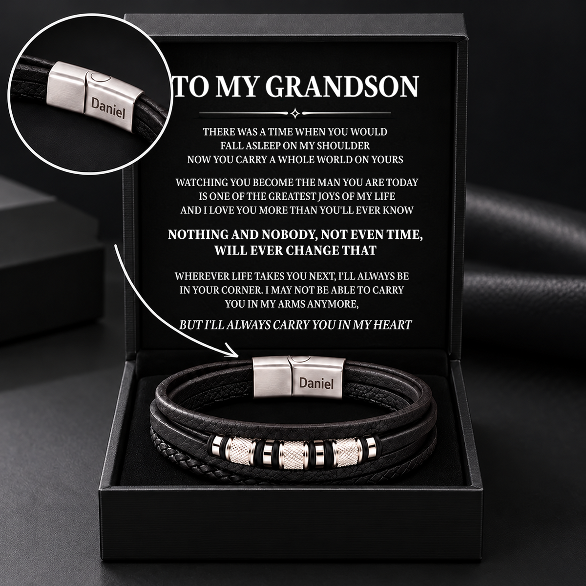 "To My Grandson" Personalized Braided Leather Bracelet