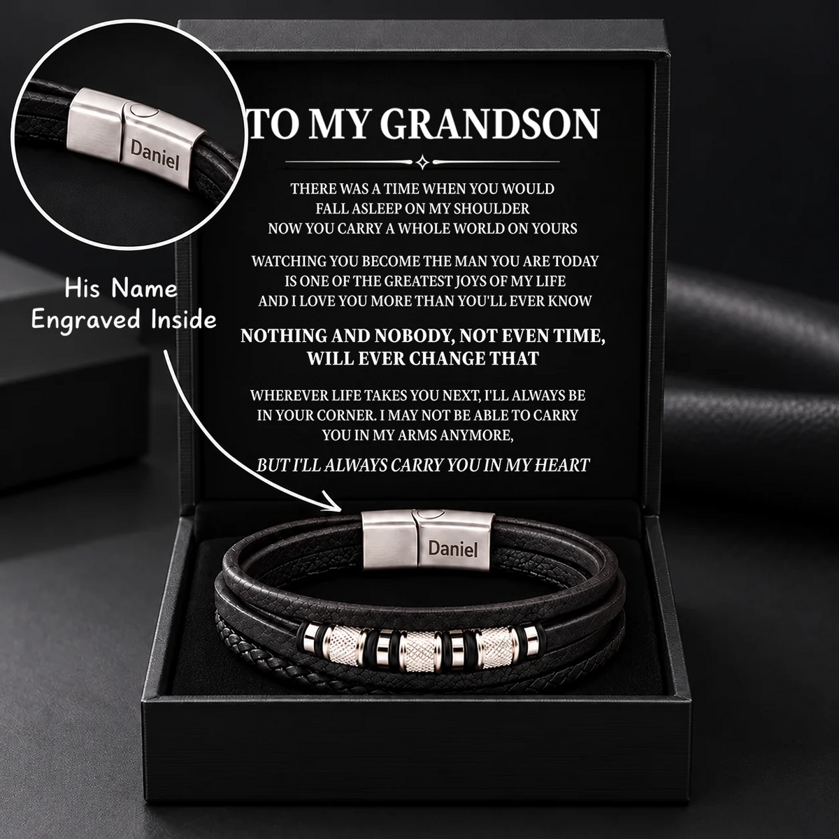 "To My Grandson" Personalized Braided Leather Bracelet