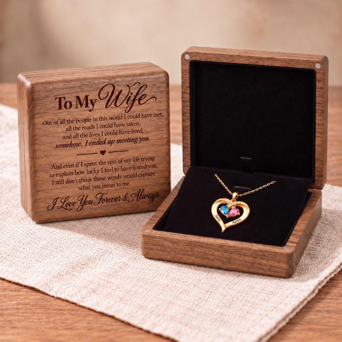 Forever Yours - Birthstone Heart Necklace & Engraved Walnut Box