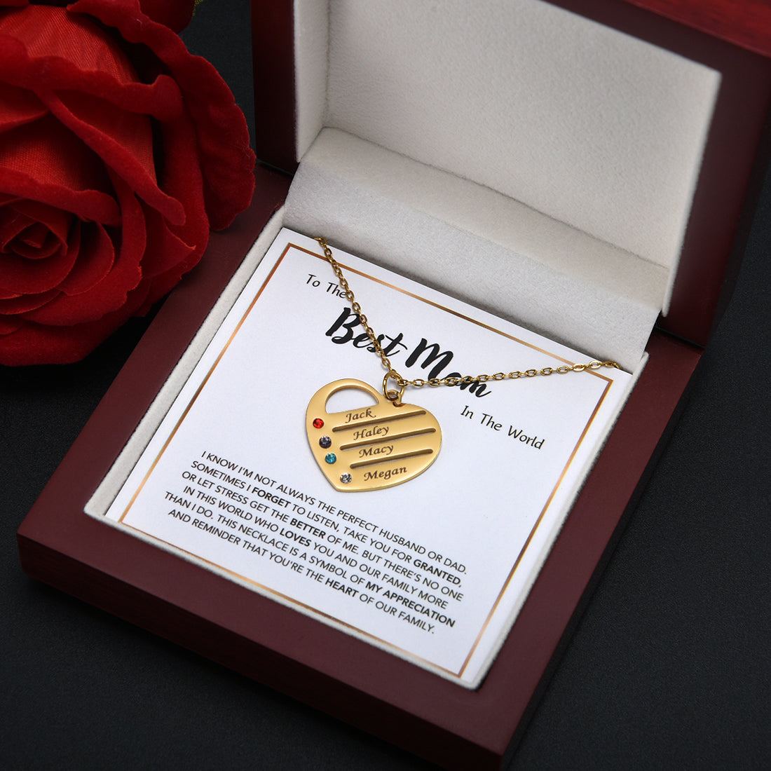 "Corazón de la familia": collar personalizado con nombre y piedra de nacimiento en caja de caoba con luces LED