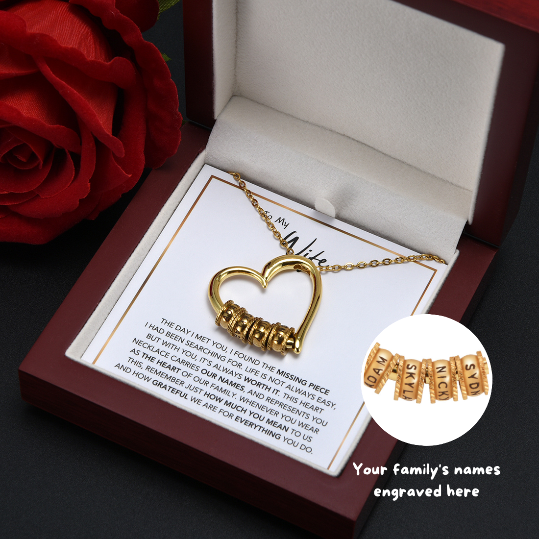 Corazón de nuestra familia: collar personalizado con caja LED de lujo