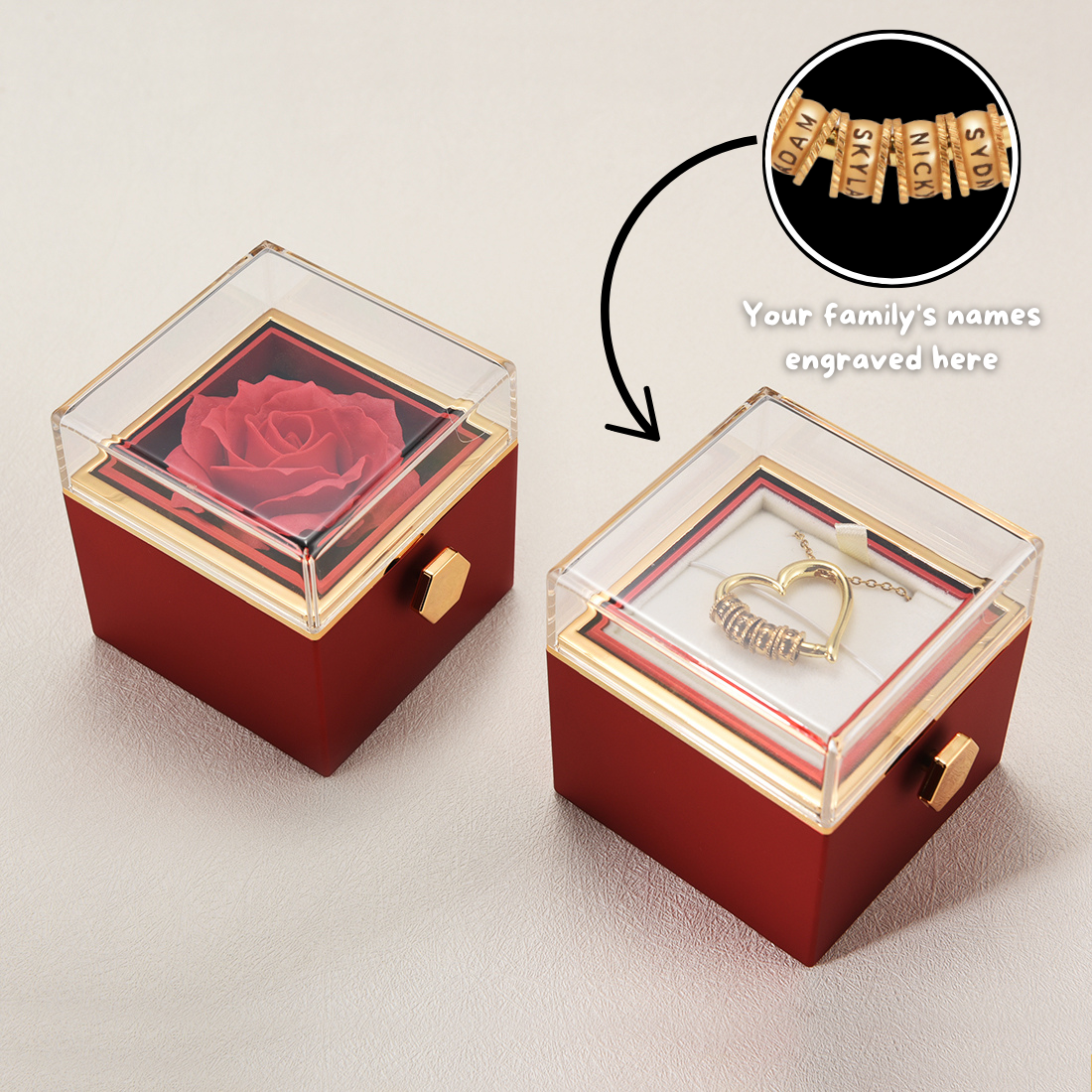 Collar Corazón de nuestra familia con nombres grabados y caja Forever Rose