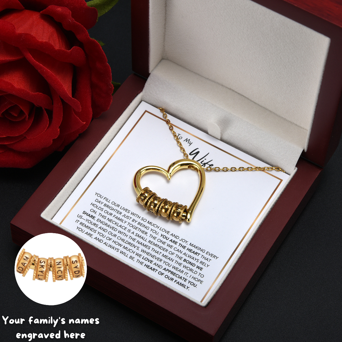 El corazón de nuestra familia: collar personalizado y caja LED de lujo