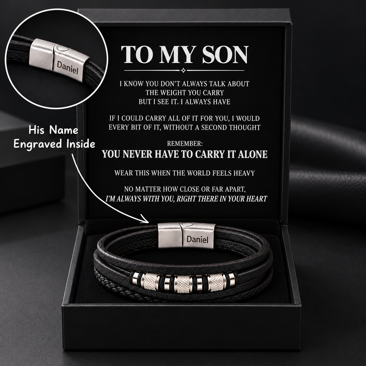 Juego de regalo de pulsera con nudo infinito y nombre grabado para hijo