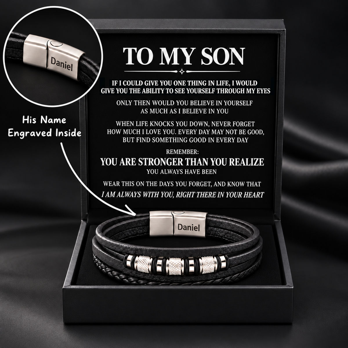 Juego de regalo de pulsera con nudo infinito y nombre grabado para hijo
