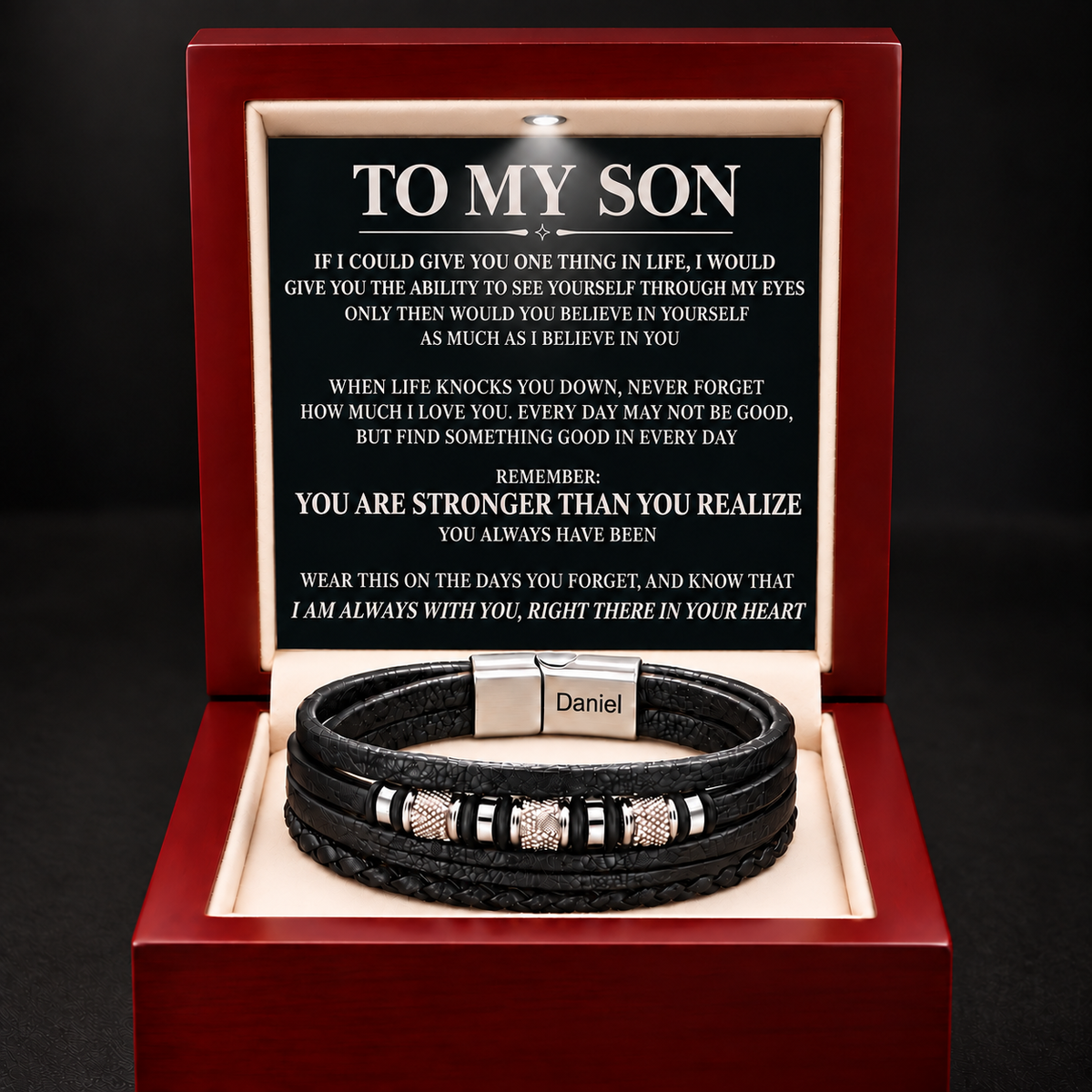 Juego de regalo de pulsera con nudo infinito y nombre grabado para hijo