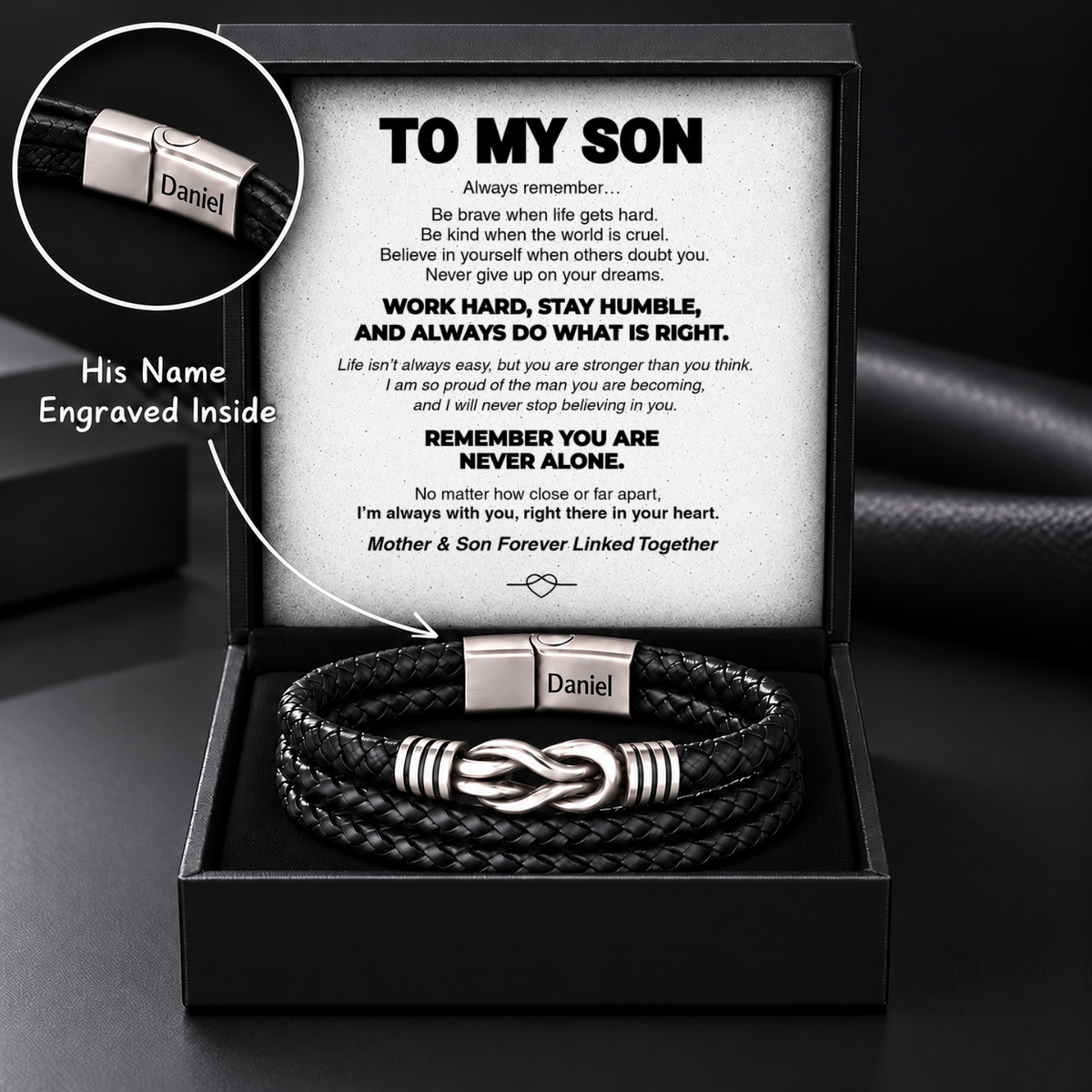 Son's Infinity Multi-Layer Braided Knot Bracelet Gift Set with Engraved Name