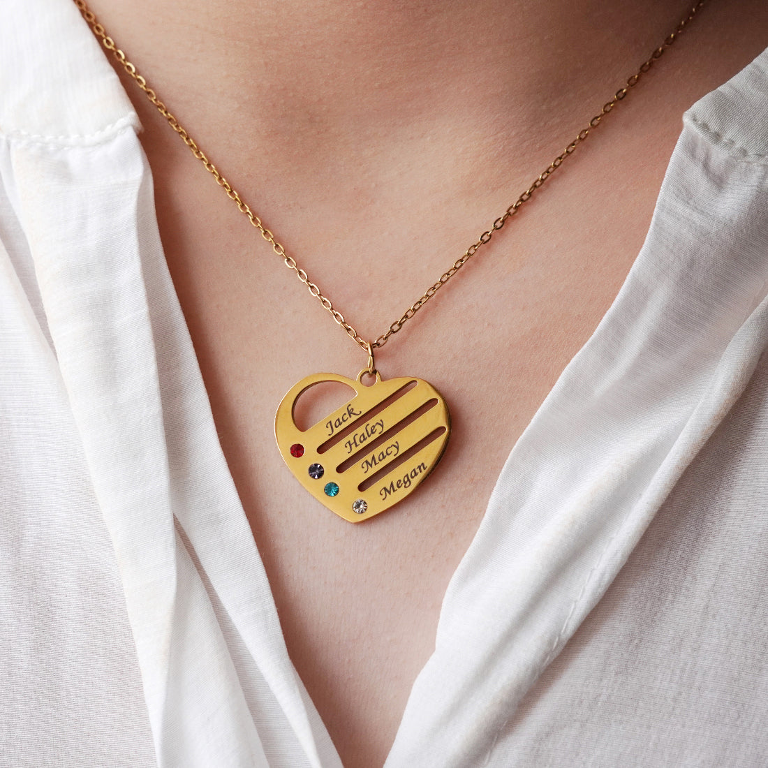 "Corazón de la familia": collar personalizado con nombre y piedra de nacimiento en caja de caoba con luces LED