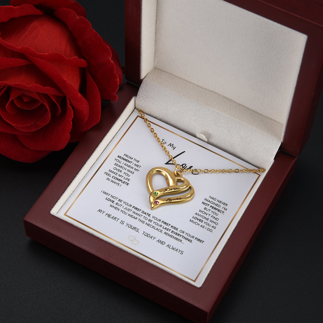 Collar de corazón personalizado con grabado doble y piedra de nacimiento