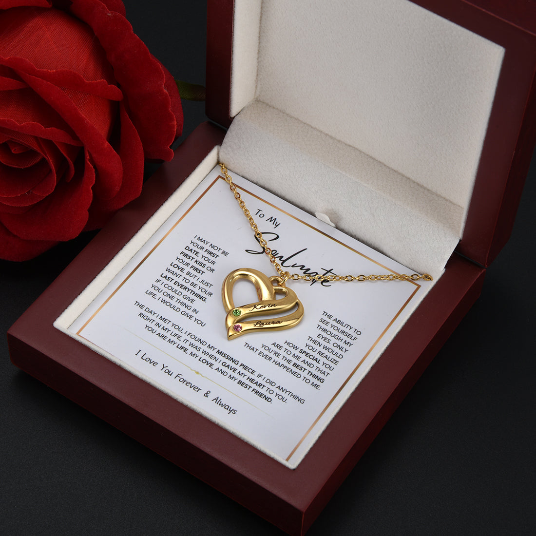 Collar de corazón personalizado con grabado doble y piedra de nacimiento