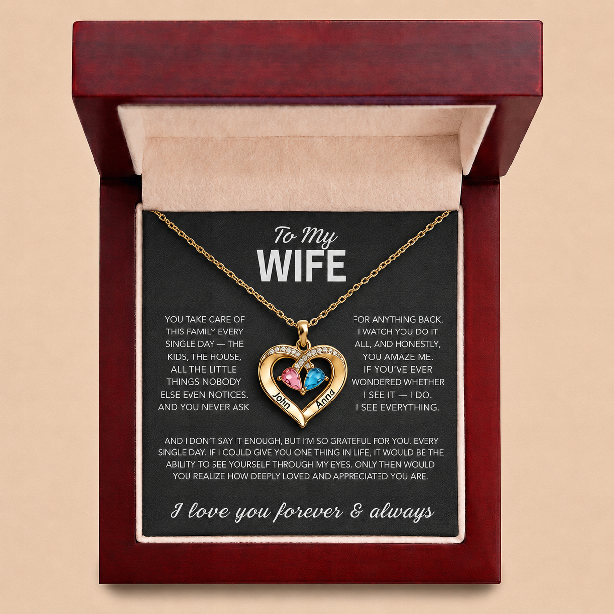 To My Wife – Birthstone Heart Necklace