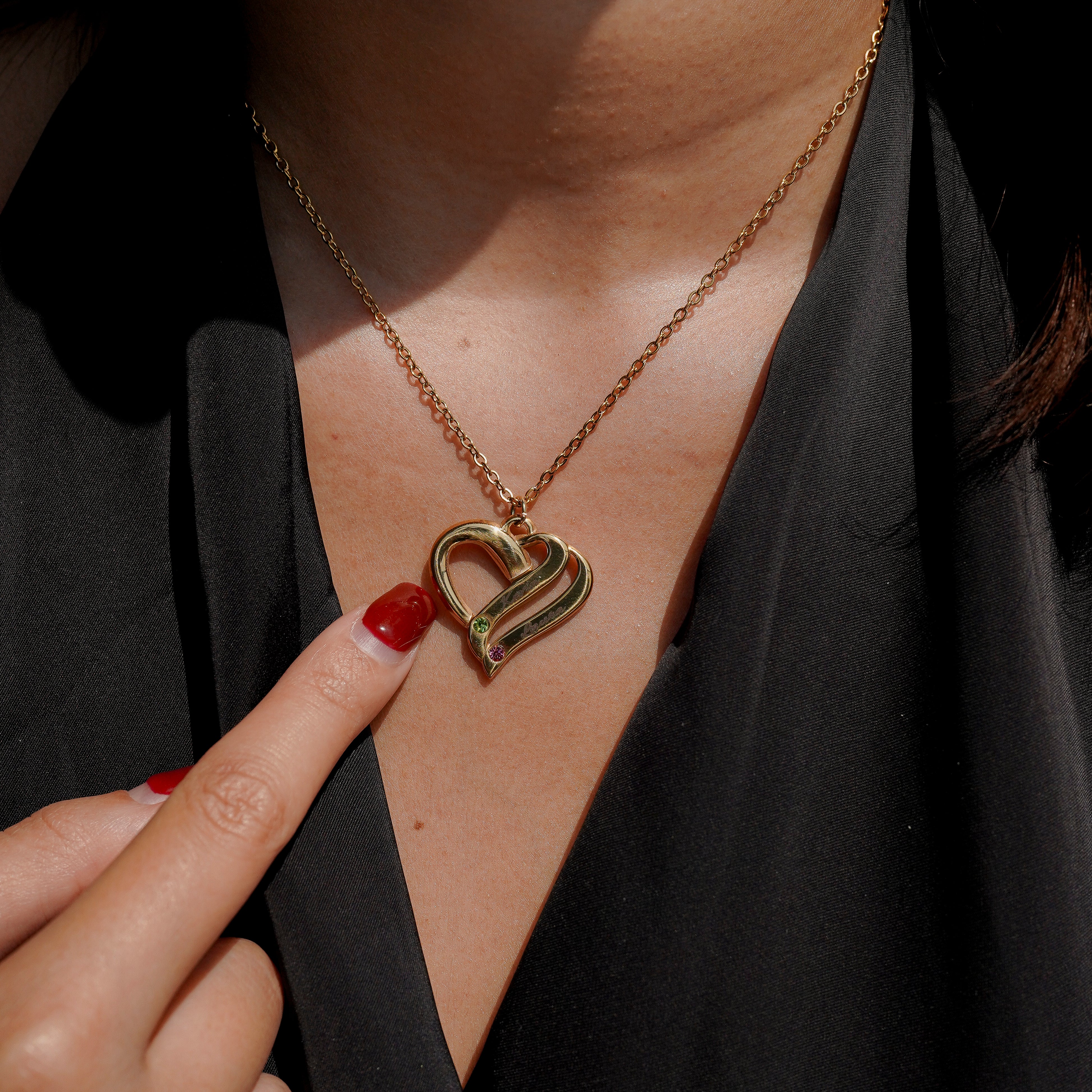 Collar de corazón personalizado con grabado doble y piedra de nacimiento