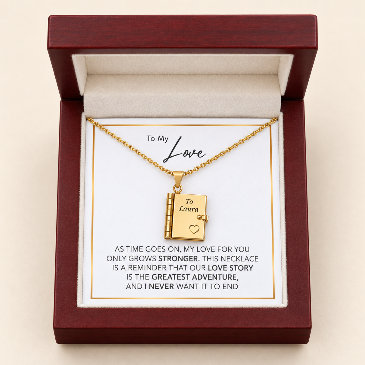 "Our Love Story" Engraved Notebook Necklace