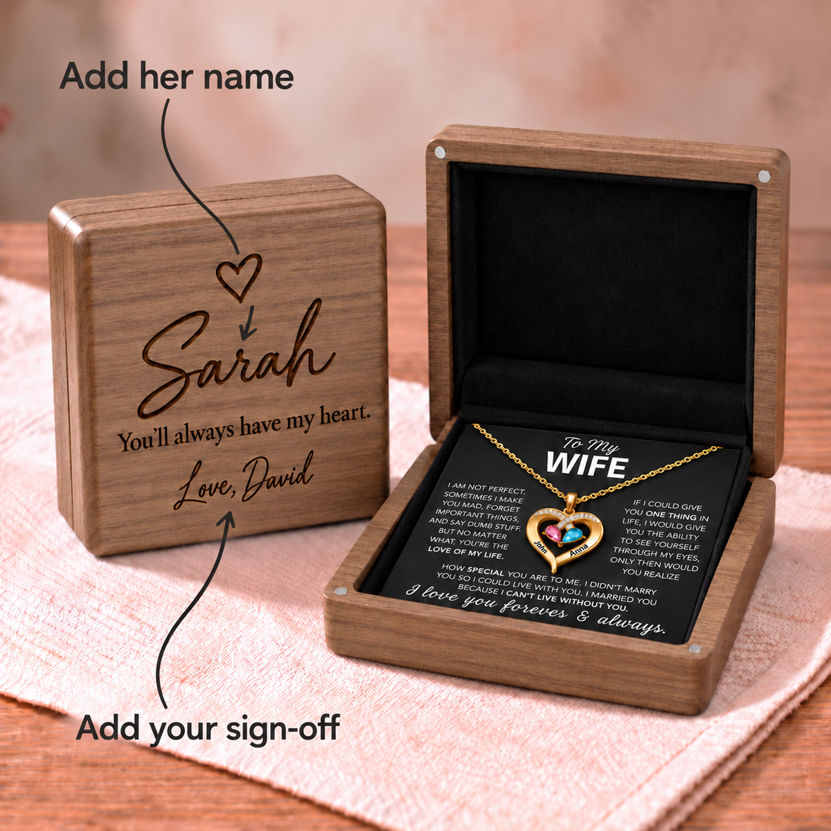 Birthstone Heart Necklace + Engraved Walnut Keepsake Box