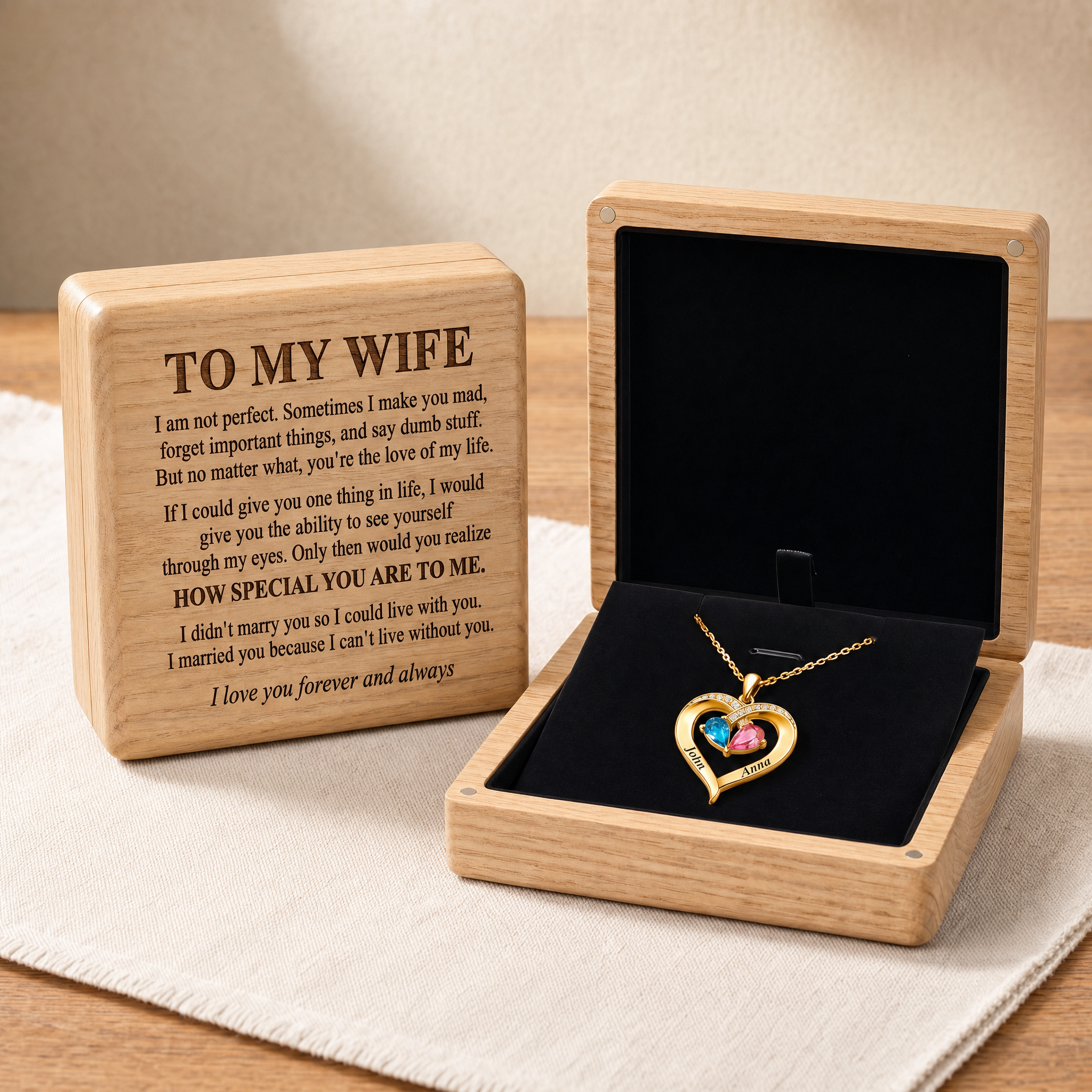 To My Wife – Birthstone Heart Necklace with Customized Box