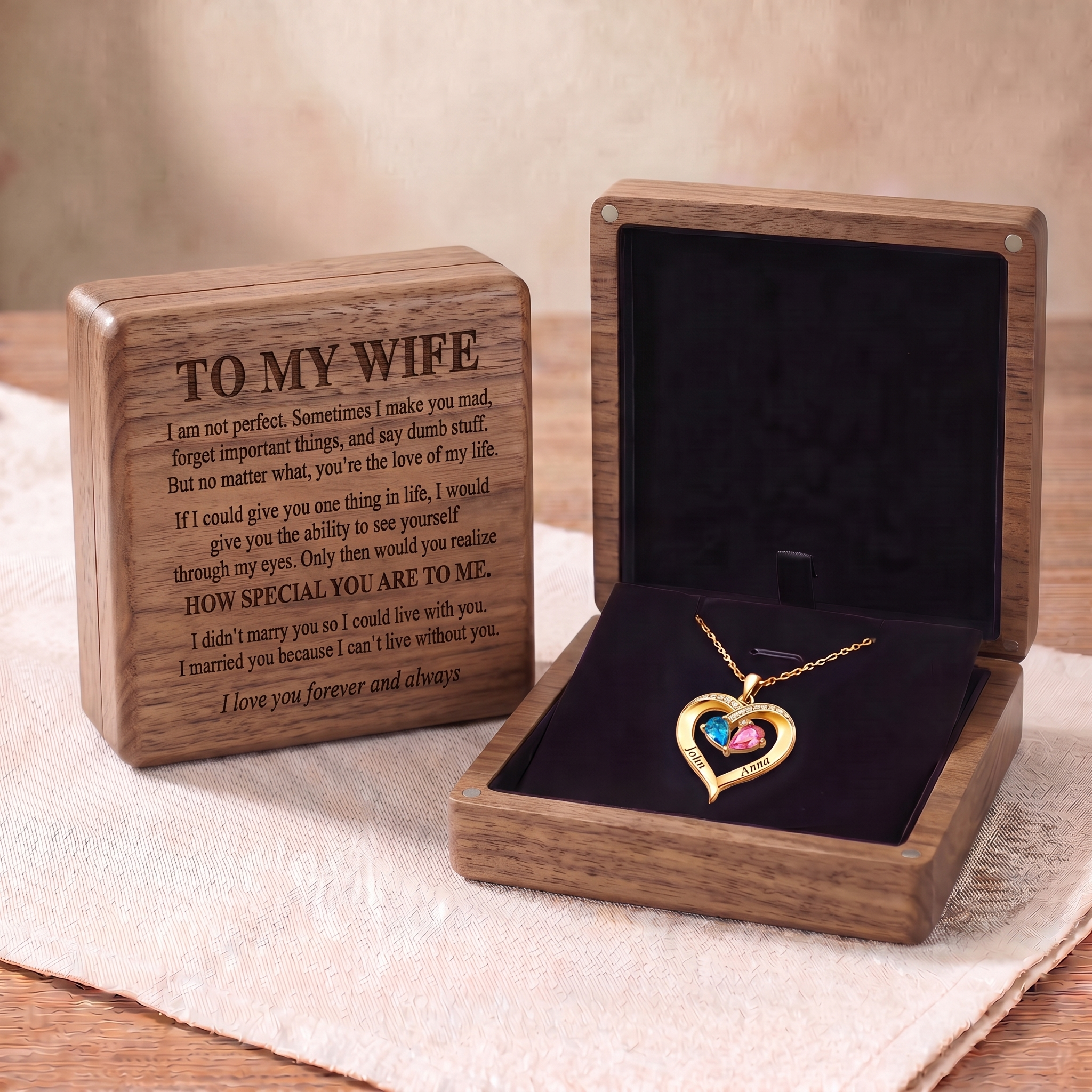 To My Wife – Birthstone Heart Necklace with Customized Box