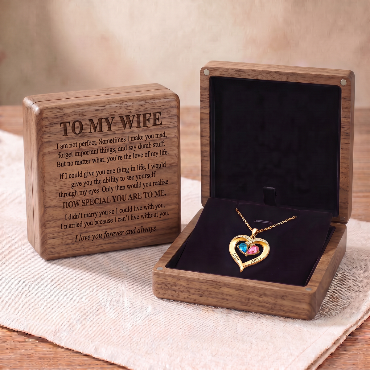 Forever Us - Birthstone Heart Necklace & Engraved Walnut Box