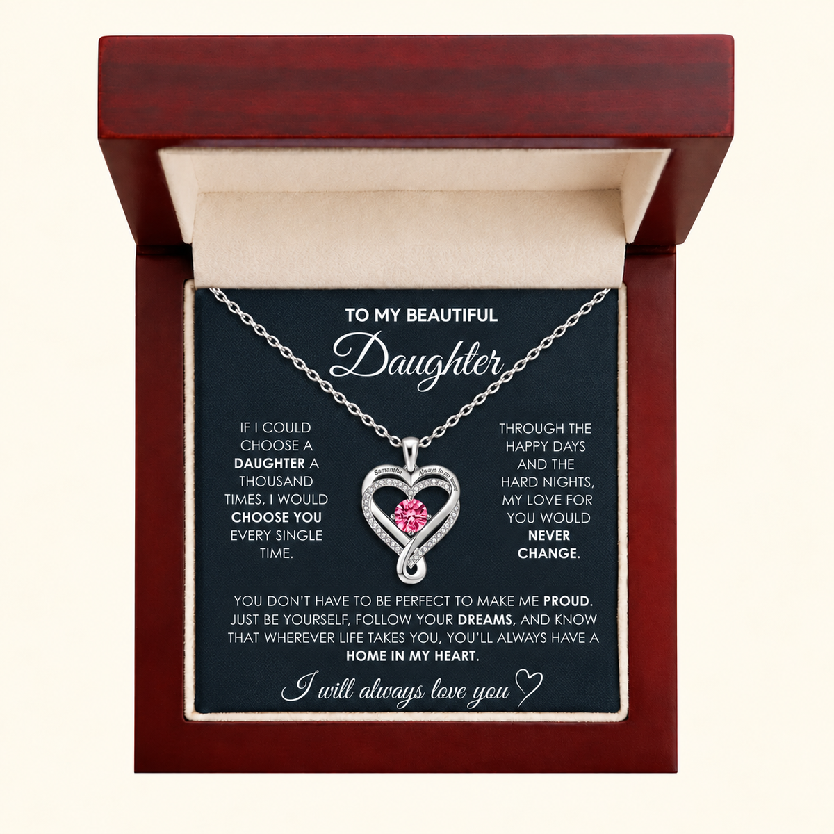 "To My Daughter" Birthstone Heart Necklace