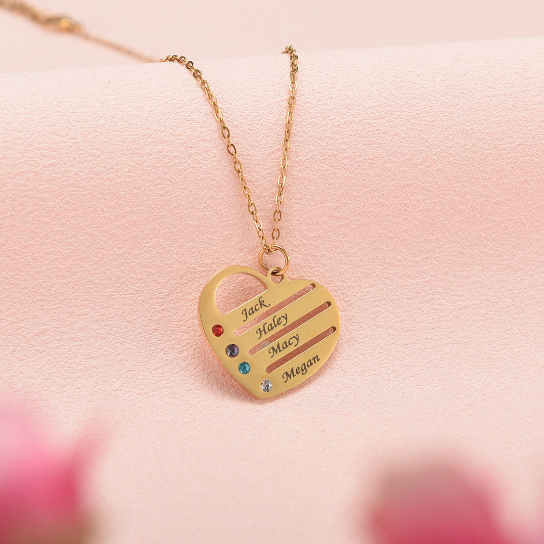 "Corazón de la familia": collar personalizado con nombre y piedra de nacimiento en caja de caoba con luces LED