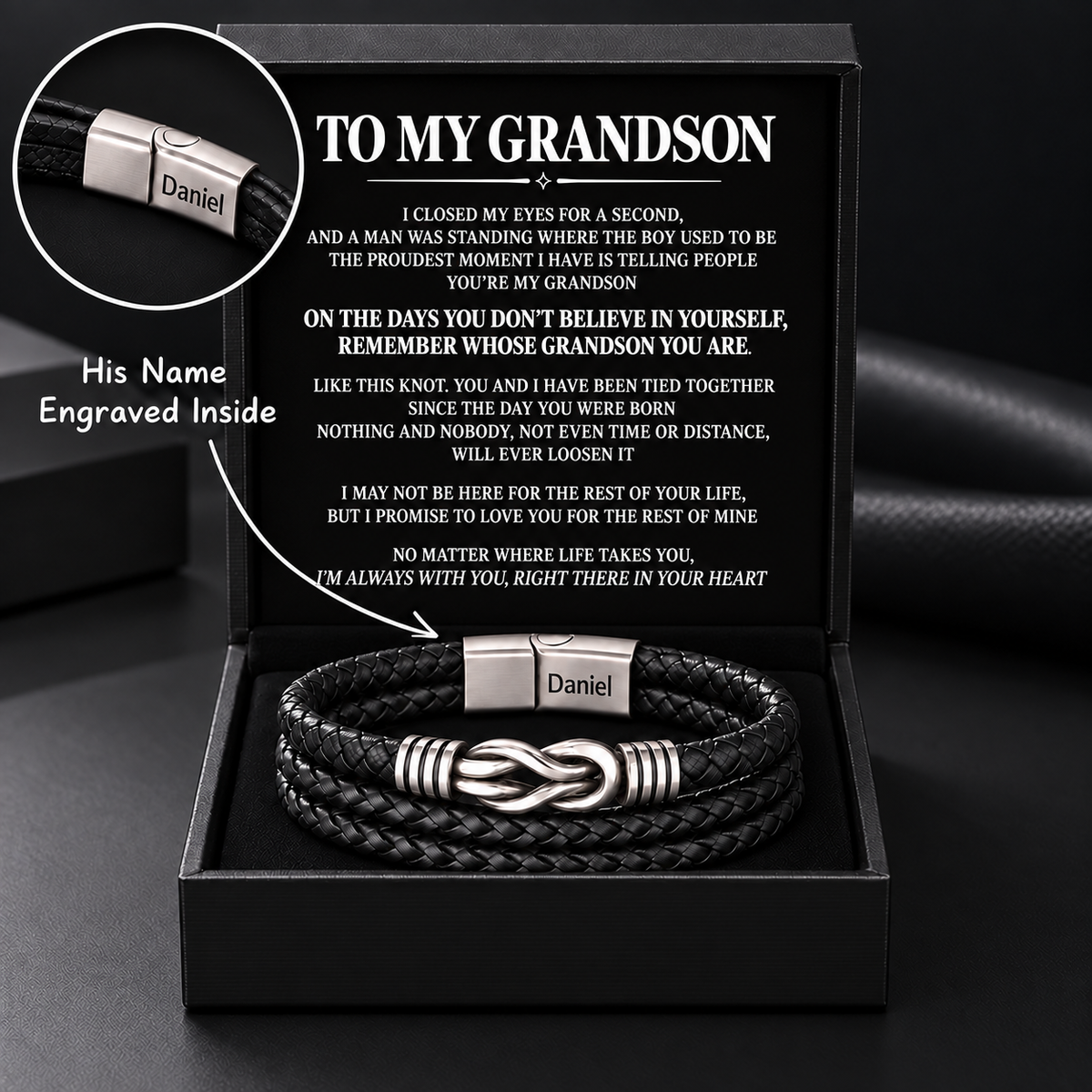 Juego de regalo de pulsera con nudo infinito y nombre grabado para hijo 