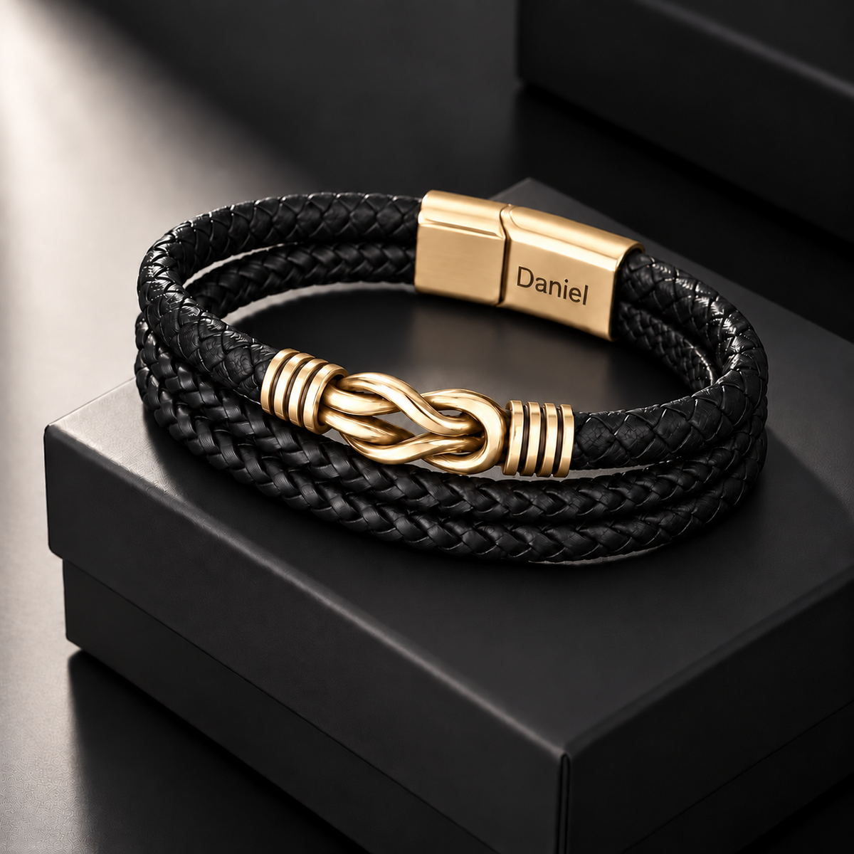 Juego de regalo de pulsera con nudo infinito y nombre grabado para hijo 