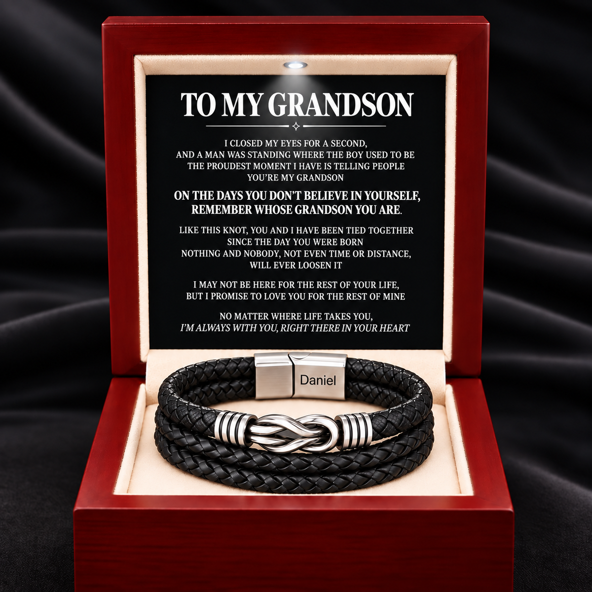 Juego de regalo de pulsera con nudo infinito y nombre grabado para hijo 