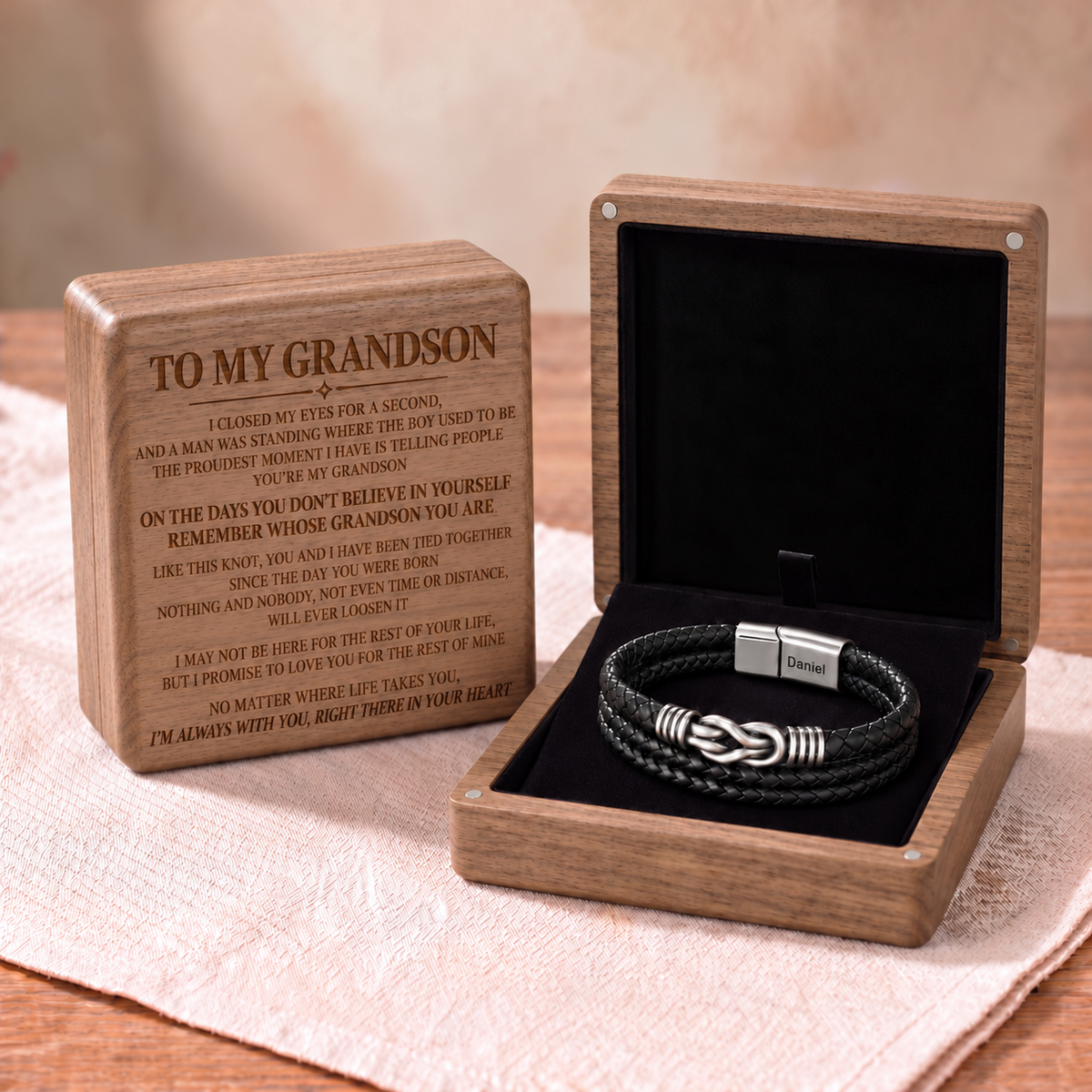 Grandson's Infinity Multi-Layer Braided Knot Bracelet Gift Set with Engraved Name