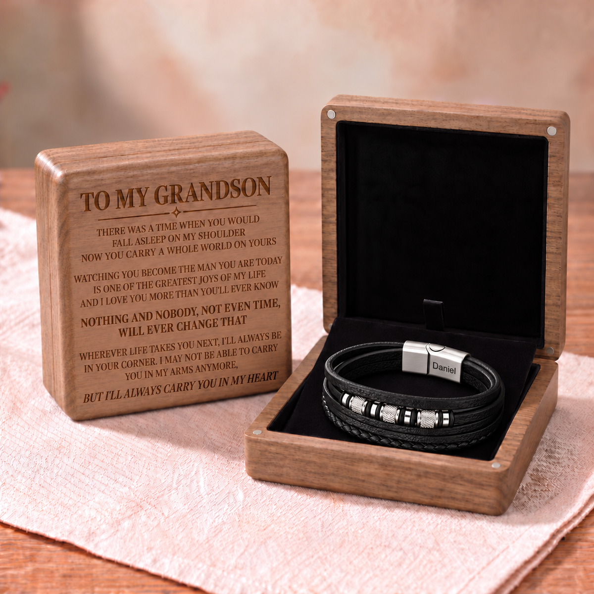 "To My Grandson" Personalized Braided Leather Bracelet