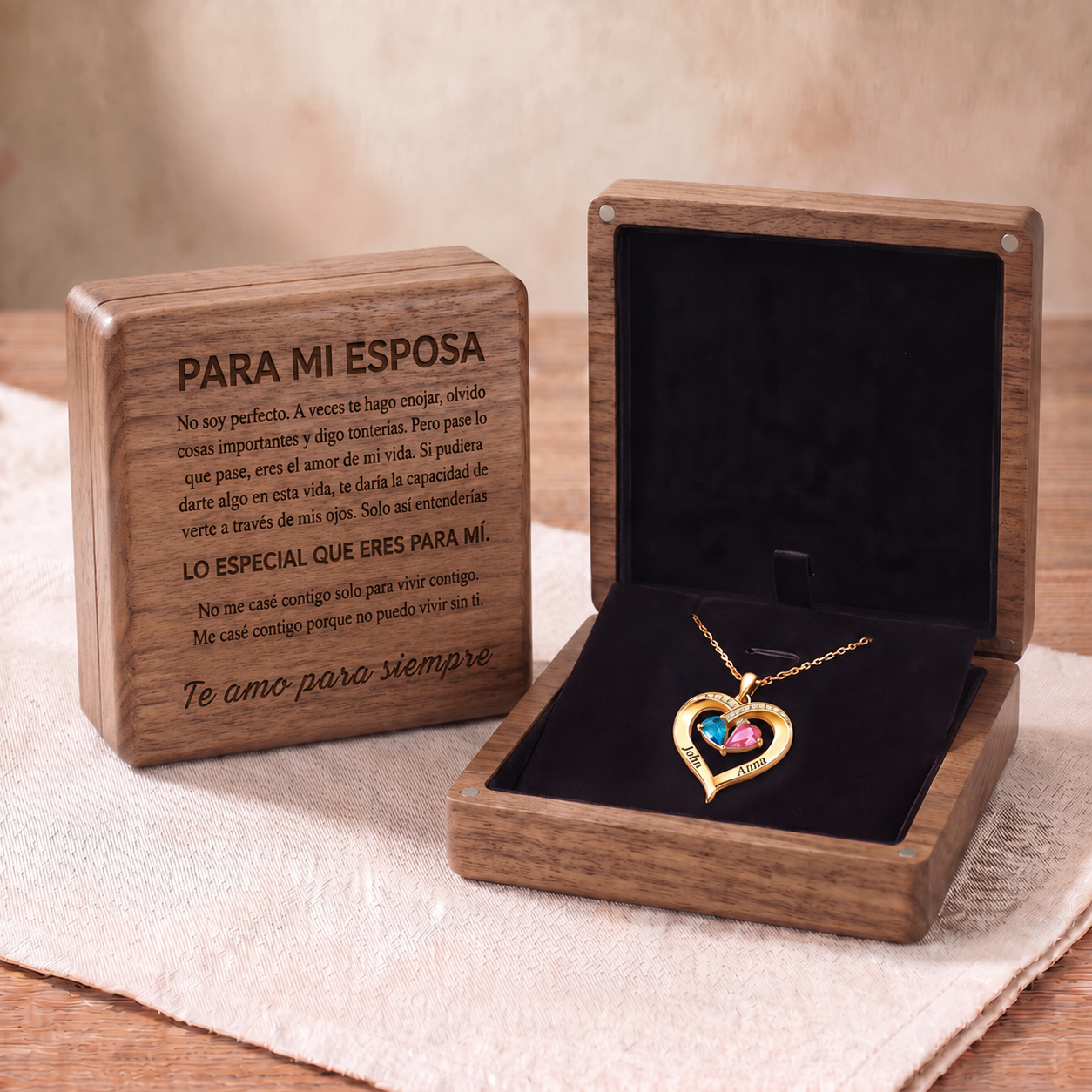 Siempre Tuya – Collar de Corazón con Piedra de Nacimiento y Caja de Nogal Grabada