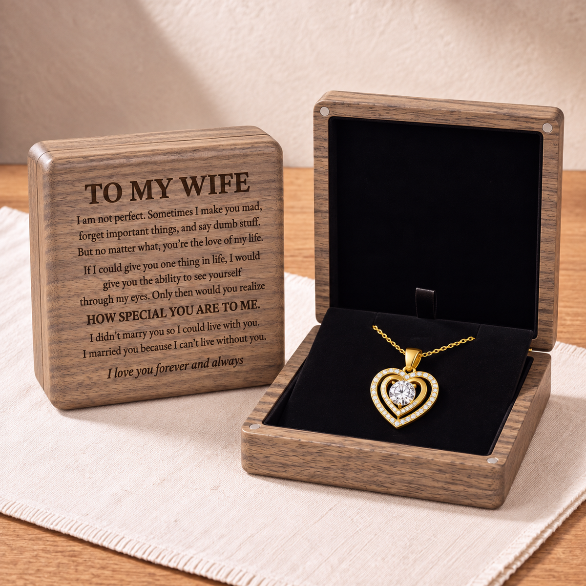 To My Wife – Halo Heart Necklace in Engraved Walnut Gift Box