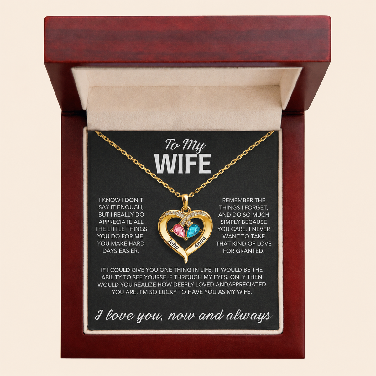 To My Wife – Birthstone Heart Necklace