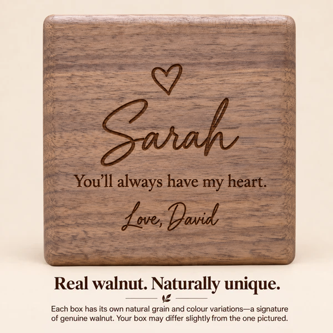 Birthstone Heart Necklace + Engraved Walnut Keepsake Box