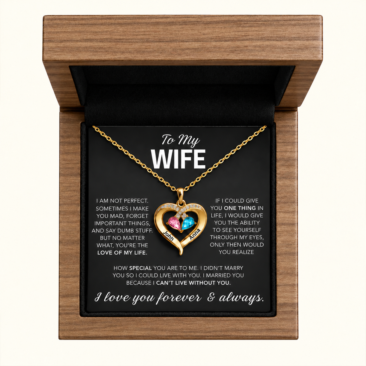 Birthstone Heart Necklace + Engraved Walnut Keepsake Box