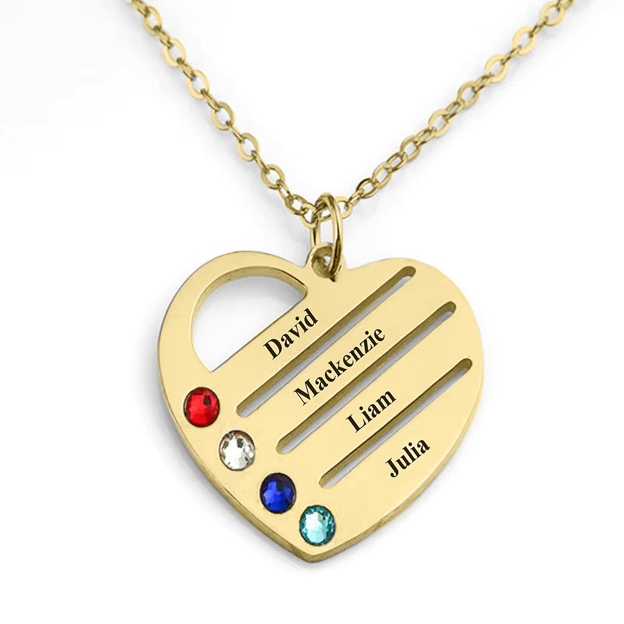 "Corazón de la familia": collar personalizado con nombre y piedra de nacimiento en caja de caoba con luces LED