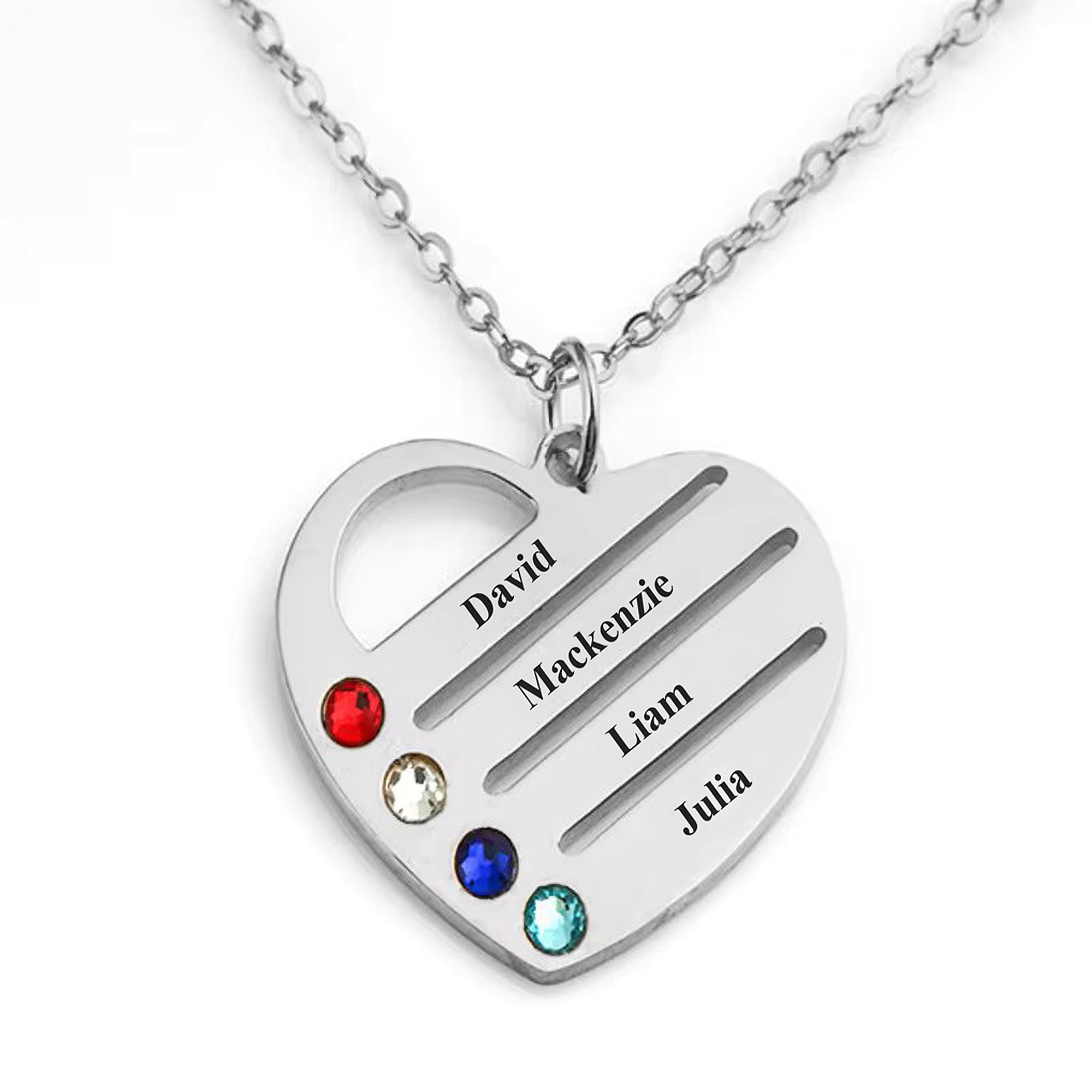 "Corazón de la familia": collar personalizado con nombre y piedra de nacimiento en caja de caoba con luces LED