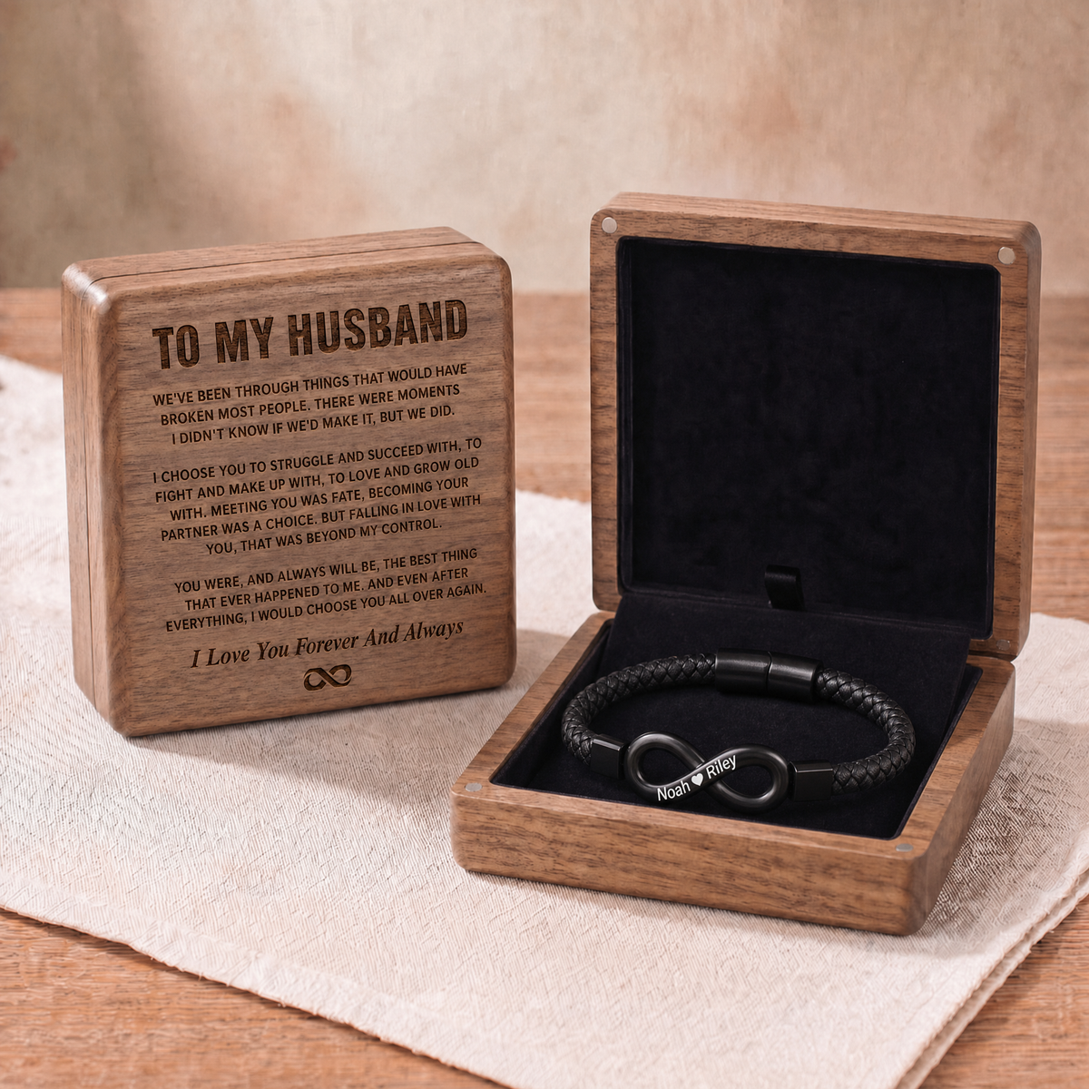 "To My Husband" - Infinity Personalized Bracelet & Engraved Walnut Box