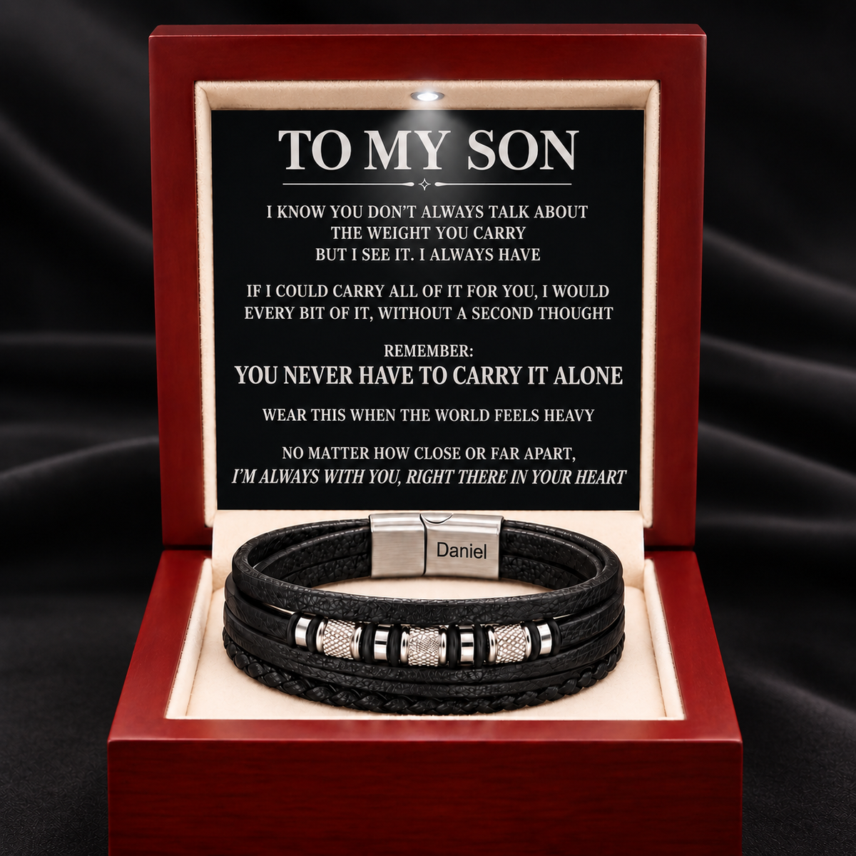 Juego de regalo de pulsera con nudo infinito y nombre grabado para hijo 