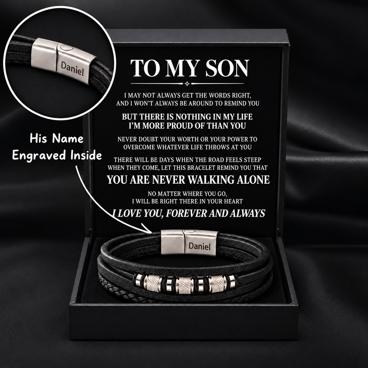 Juego de regalo de pulsera con nudo infinito y nombre grabado para hijo 