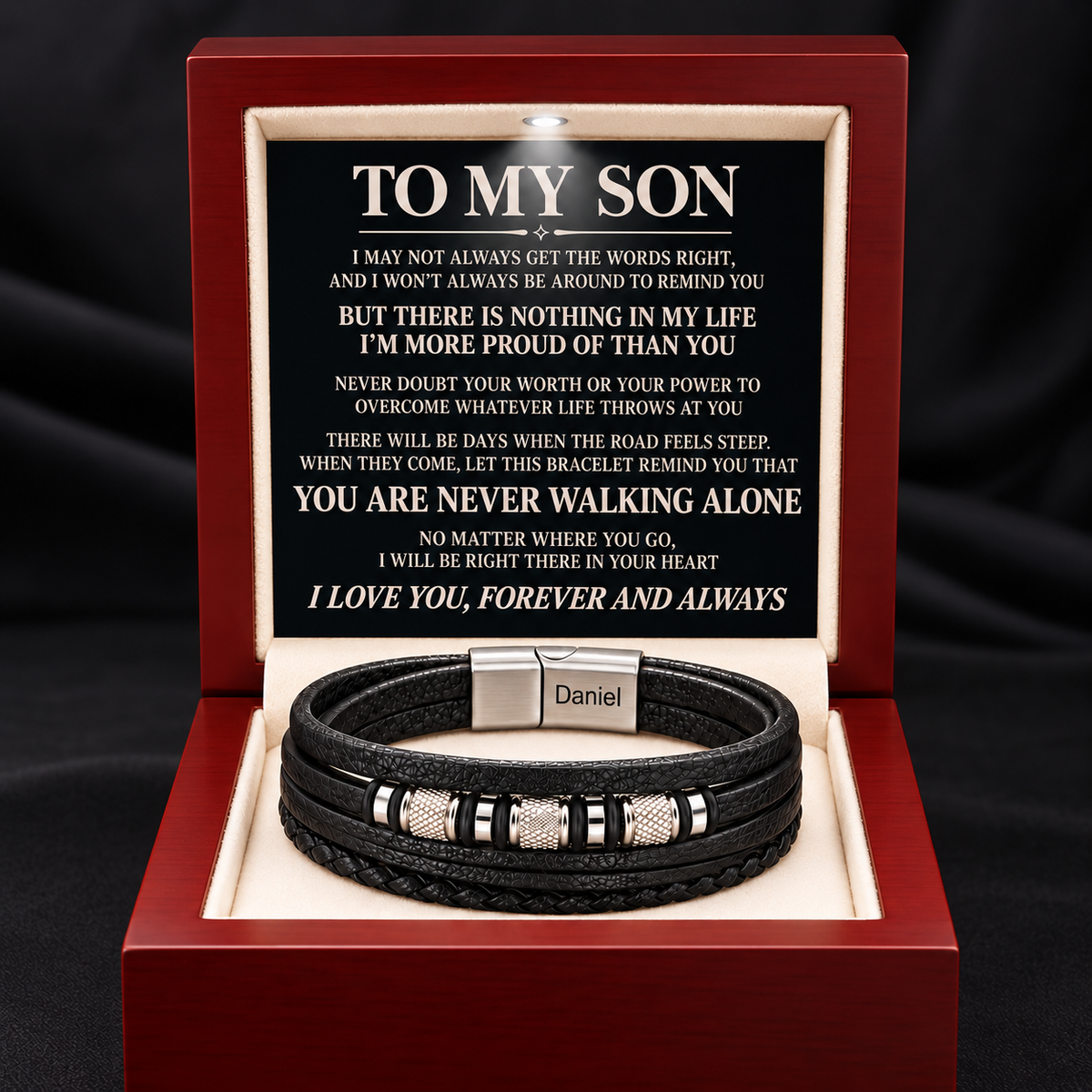 Juego de regalo de pulsera con nudo infinito y nombre grabado para hijo 
