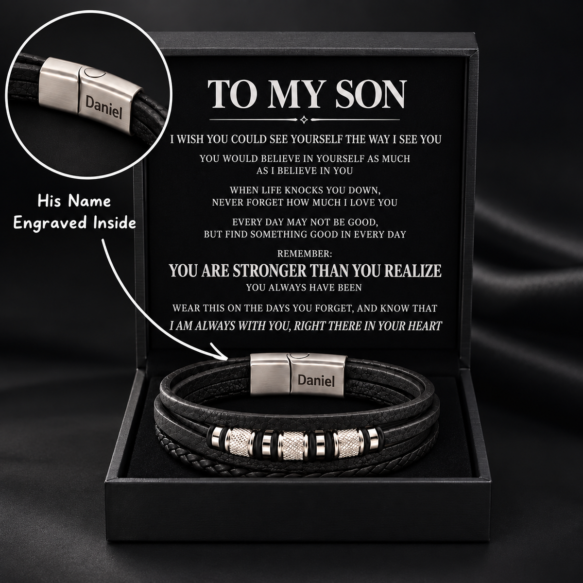 Juego de regalo de pulsera con nudo infinito y nombre grabado para hijo 
