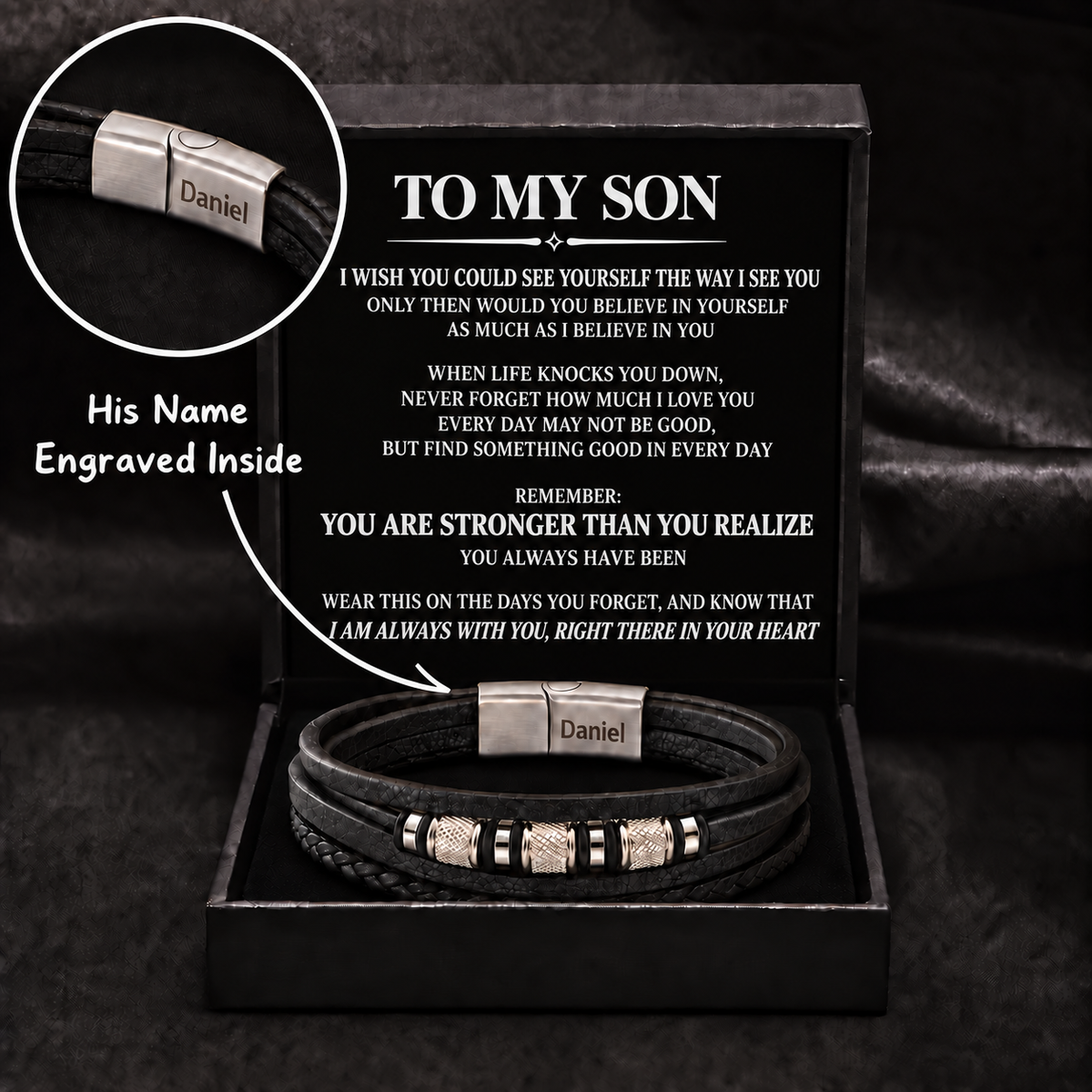 Juego de regalo de pulsera con nudo infinito y nombre grabado para hijo 