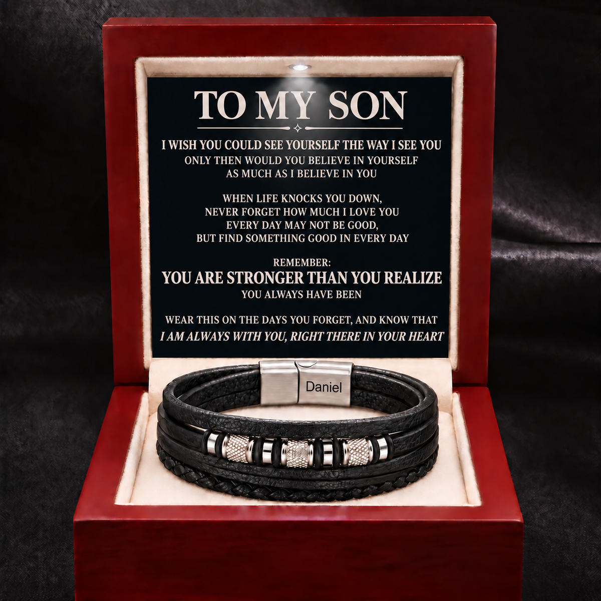 Juego de regalo de pulsera con nudo infinito y nombre grabado para hijo 