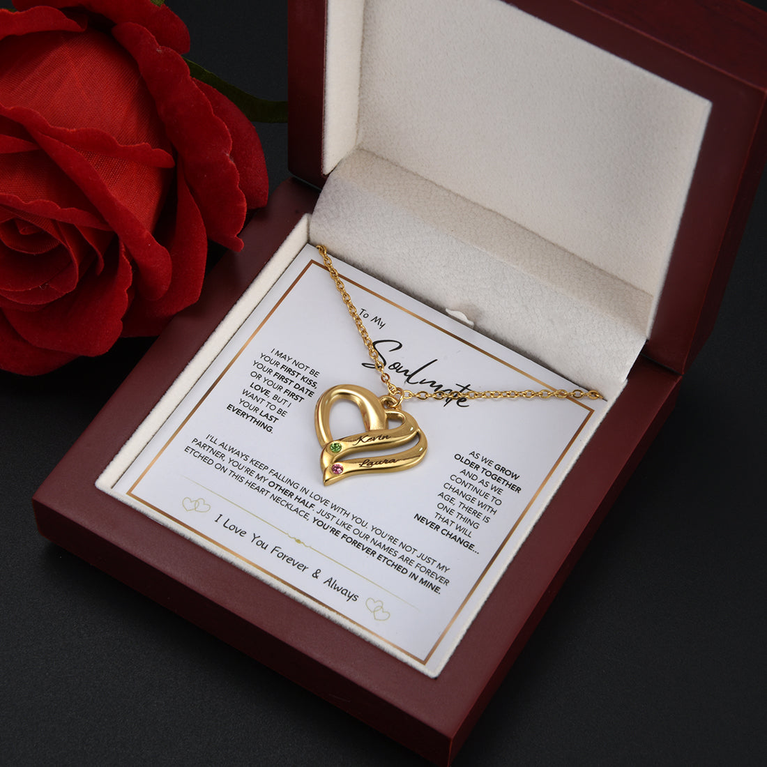 Collar de corazón personalizado con grabado doble y piedra de nacimiento 