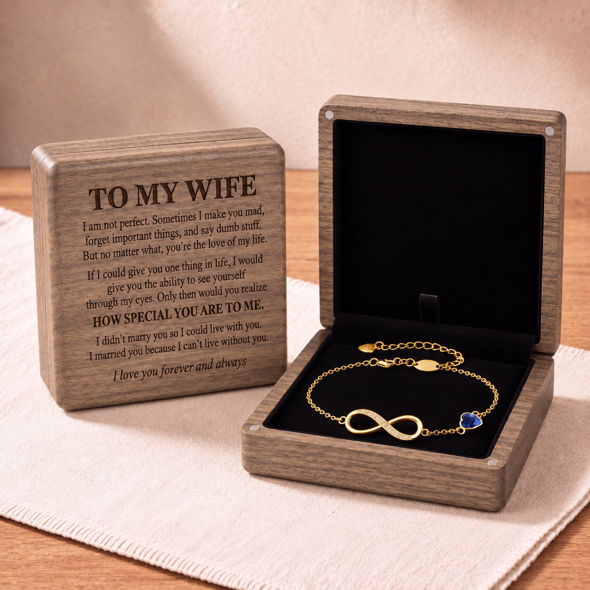 To My Wife – Infinity Love Bracelet & Walnut Box