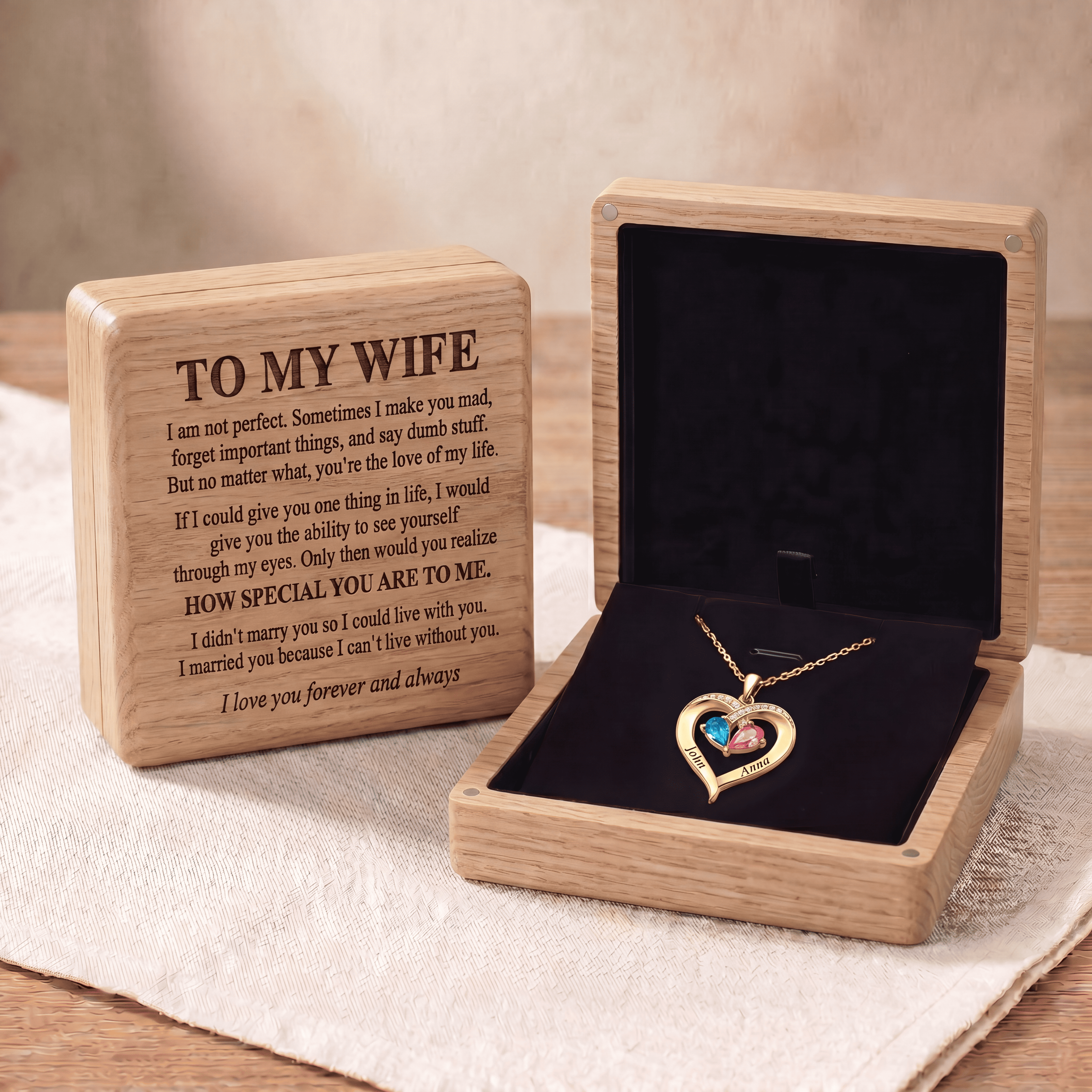 To My Wife – Birthstone Heart Necklace with Customized Box