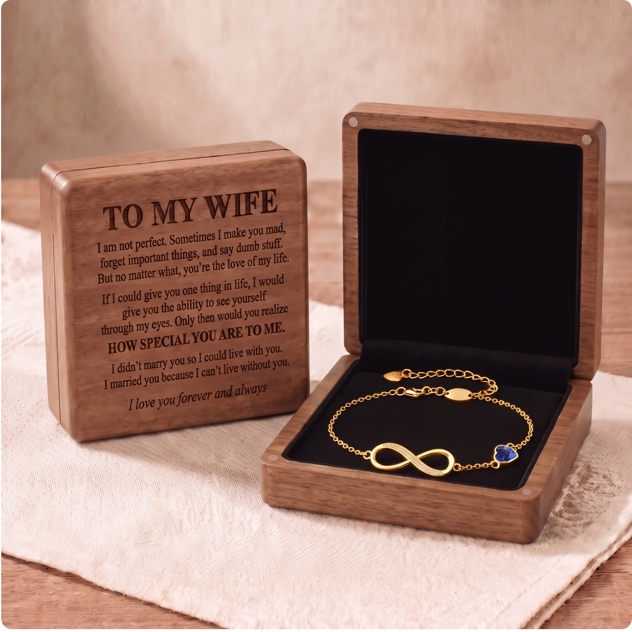 To My Wife – Infinity Birthstone Bracelet with Customized Box