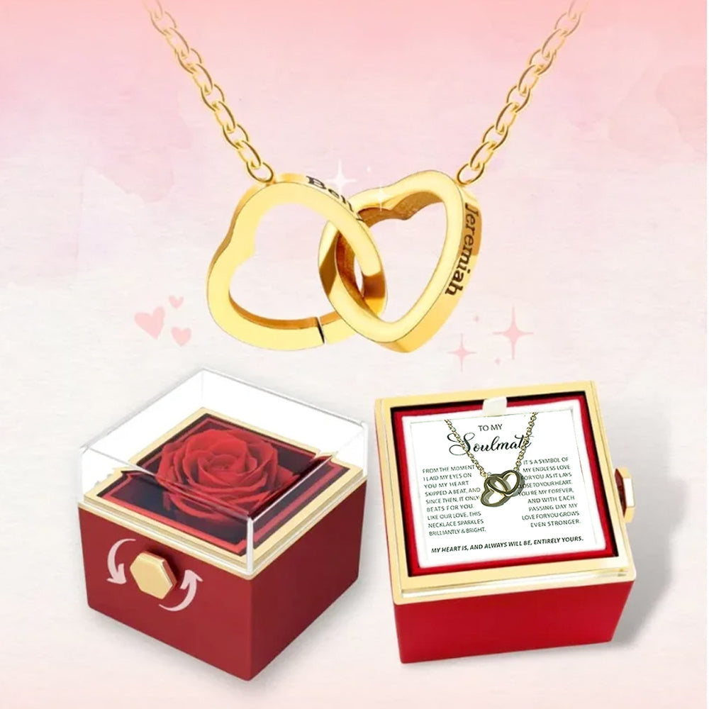 Para mi alma gemela: caja de regalo con corazones entrelazados y rosa eterna 
